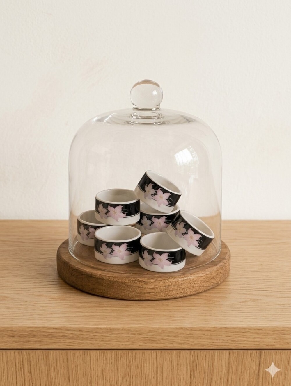 Royal Charm Japan Fine Porcelain Napkin Rings – Black Floral Pattern – Set of 8